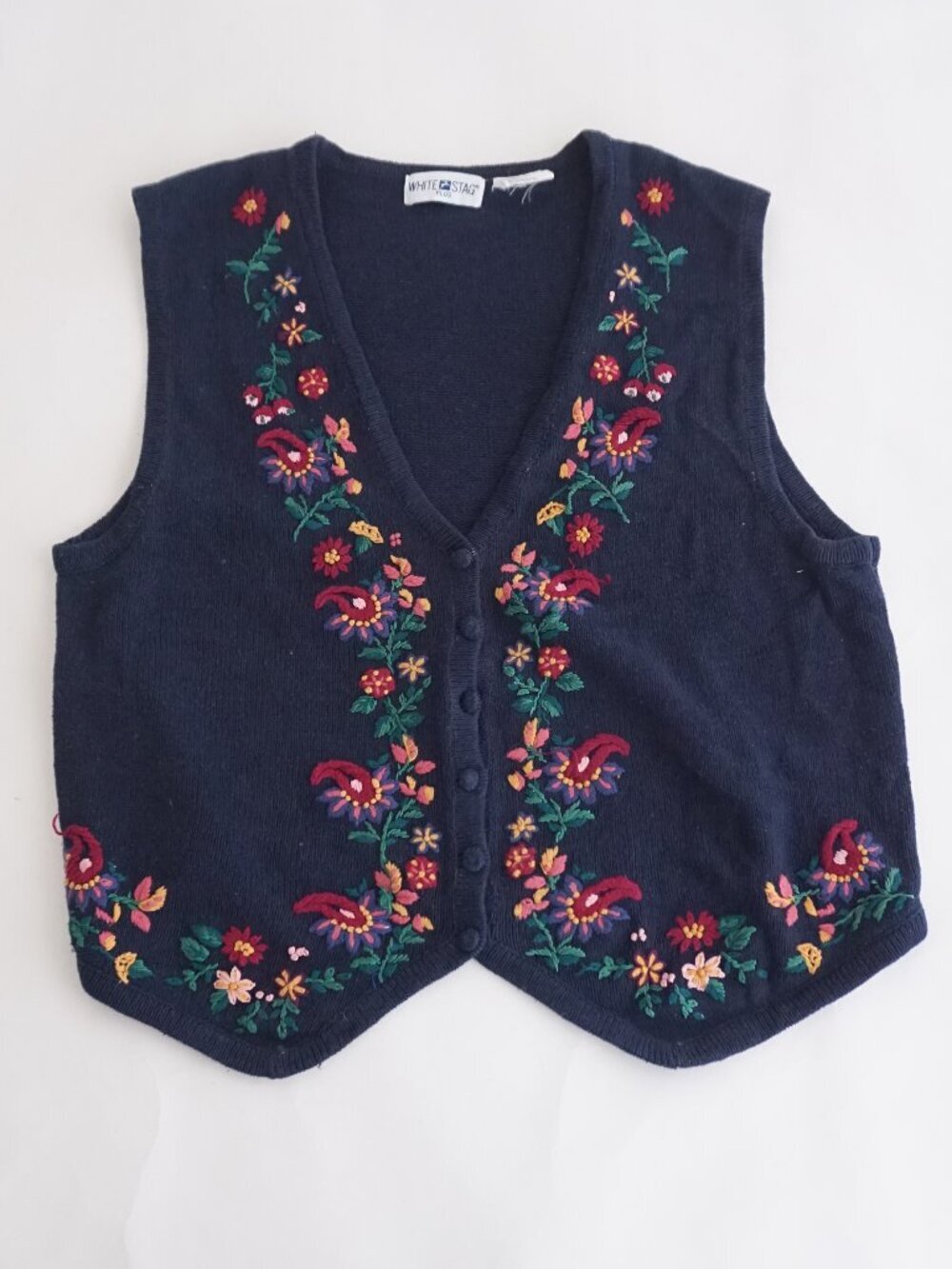 White Stag Plus Navy Floral Embroidered Button Front Cotton Sweater Vest 24W